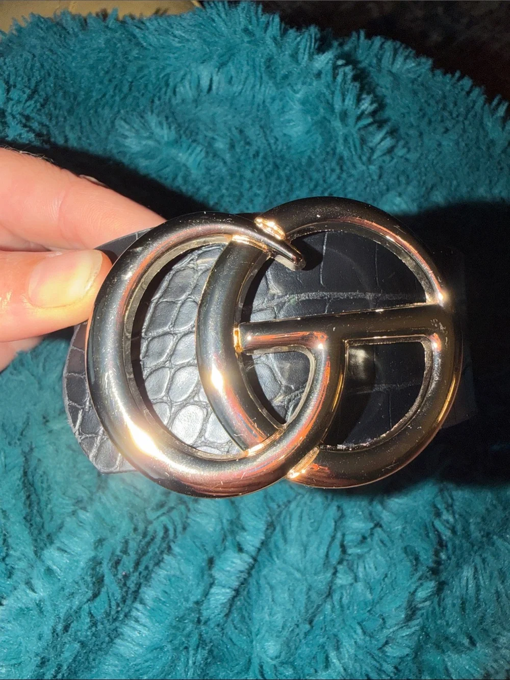 Black Croc-Embossed Belt with Gold Double-G Buckle
